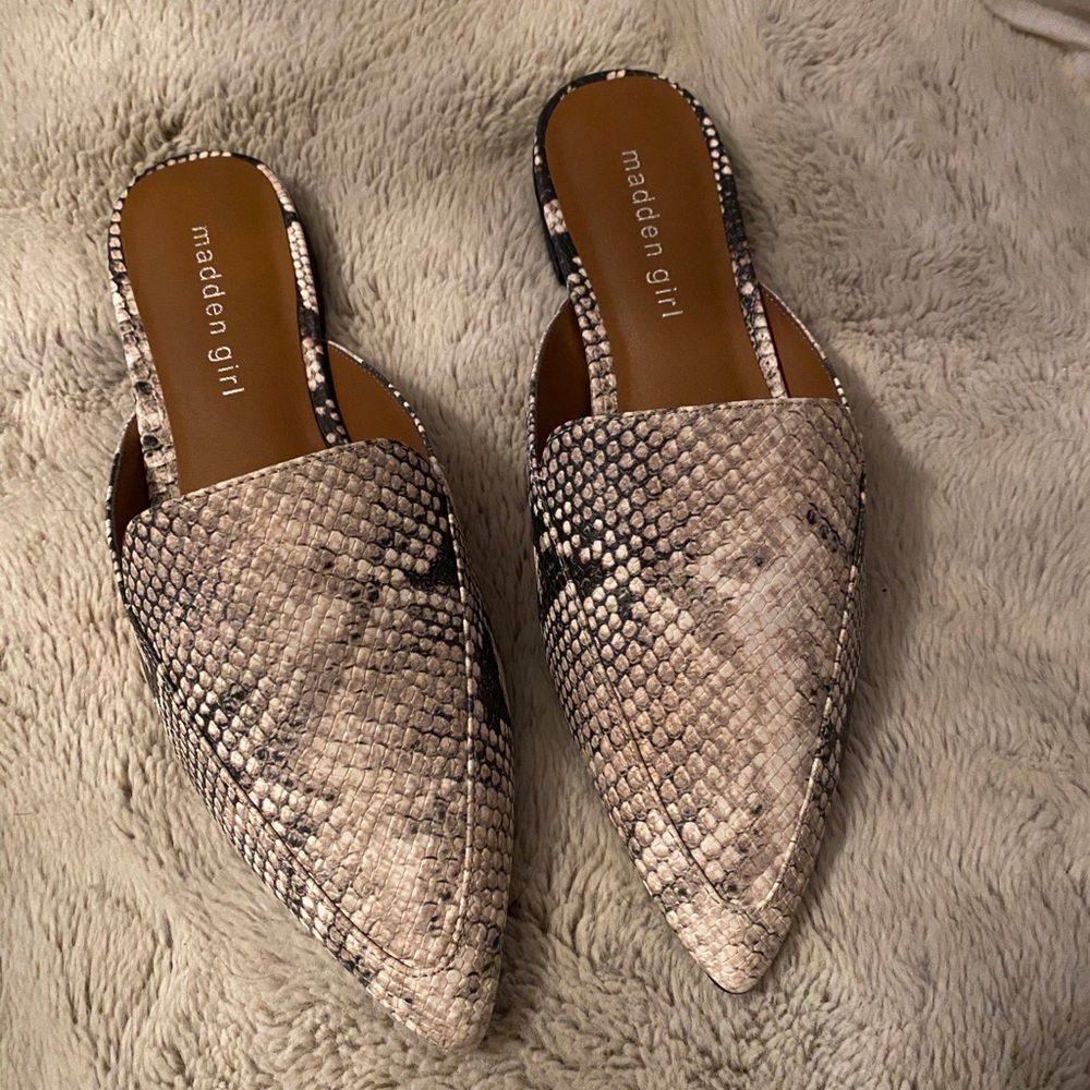 Madden Girl snakeskin mules